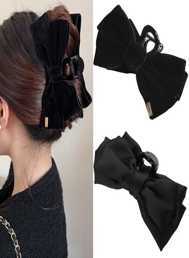 TUCEWP Black Bow Hair Clips for Women Girls 2Pcs Velvet Silky Satin Bow Claw Clip for Long Curly Thick Hair Strong Hold Bowknot Hair Barrettes Claw Jaw Nonslip Hair Catch Clamps Large Hair Accessories - Image 1